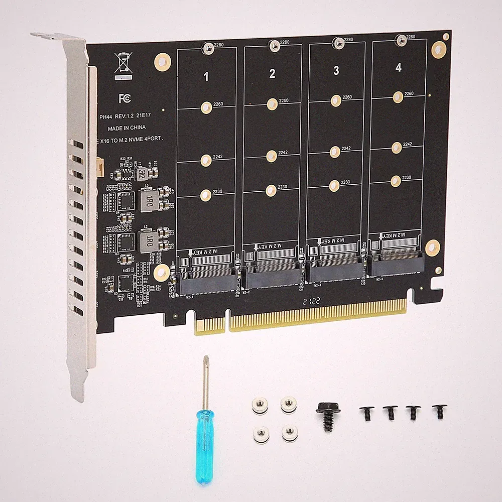 M.2 PCIE Adapter Card, 4 Port M.2 NVMe SSD to PCIE X16 M Key Hard Drive Conve...